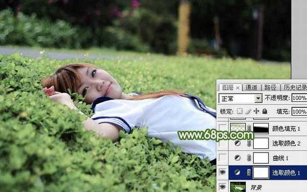 Photoshop将草地上的美女图片增加唯美的春季粉绿色